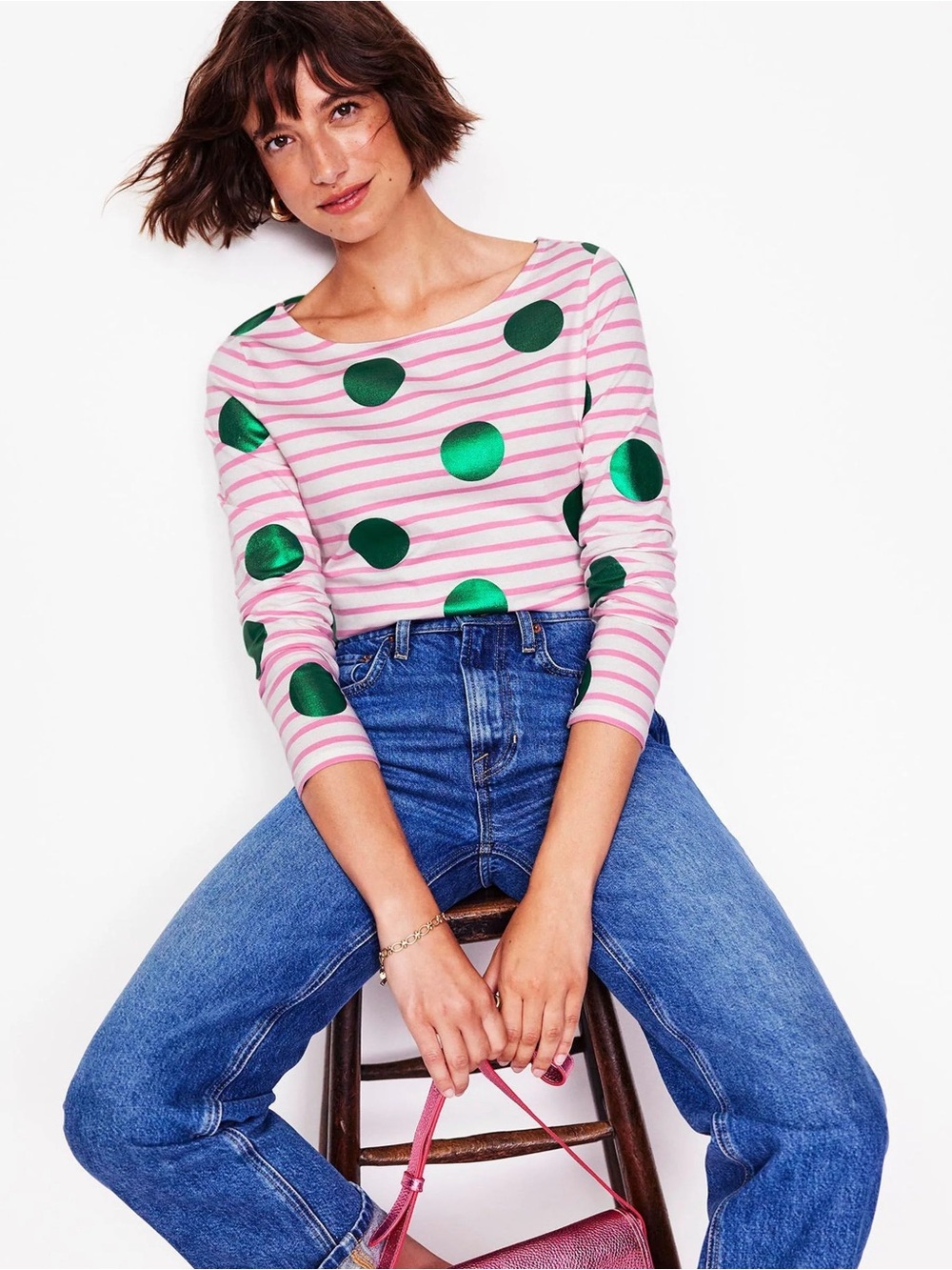 Boden "Ella" Metallic Polka Dot & Stripe Breton Long Sleeve Cotton Tee Size 8